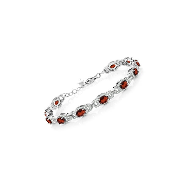 Red Garnet White Topaz Tennis Gemstone Bracelet Bangle 925 Sterling Silver 7"